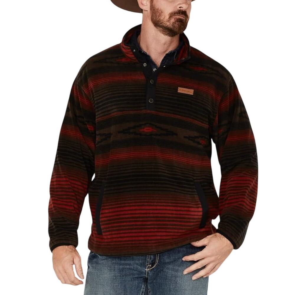 Cinch NEW Men's L Polar Fleece Red Brown Stripe Pattern 1/4 Snap Pullover Jacket